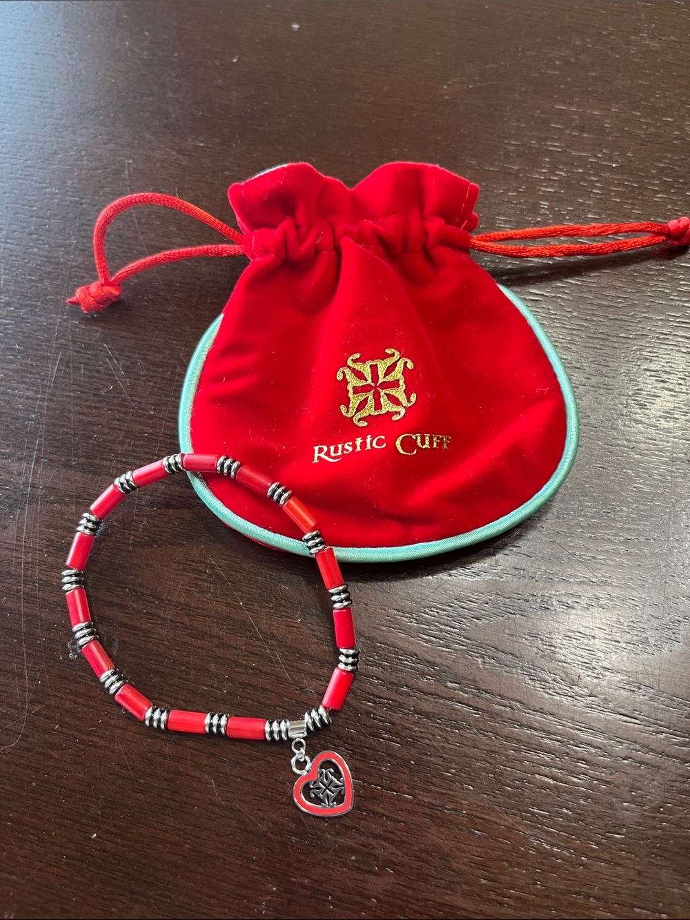 Rustic Cuff Red Beaded Bracelet with Heart Charm, silver accent & velvet pouch
